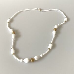 Vintage Milk Glass Necklace 30” Beaded White Gold Tone FLAW Jewelry